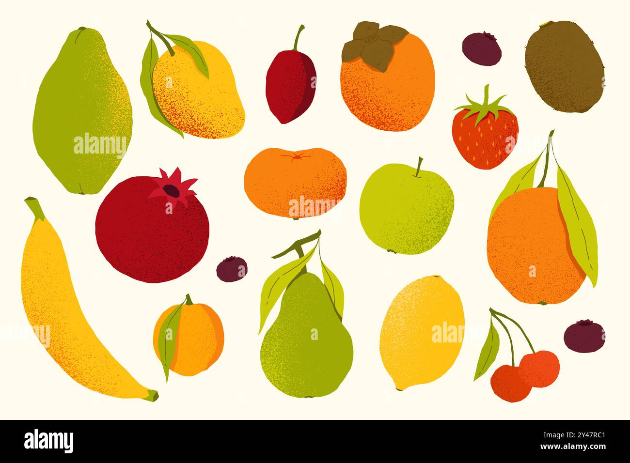 Flaches Obst. Comic farbenfrohe Sommerbeeren, Bio-Apfel-Bananenkirsche Mango-Zitrusfrüchte, frisches, exotisches Fruchtnahrungskonzept. Vektor-isolierter Satz. Stock Vektor