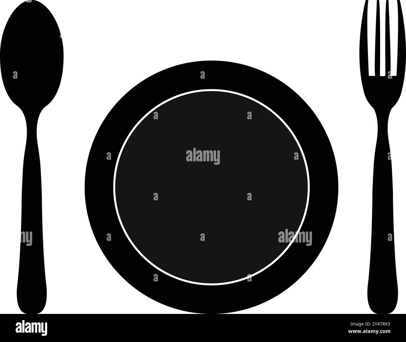 Lebensmittelsymbol, Löffel und Teller, Gabel und Teller, Dinner Food, Restaurant Icon, Geschirr-Set, Tischgeschirr-Symbol Stock Vektor