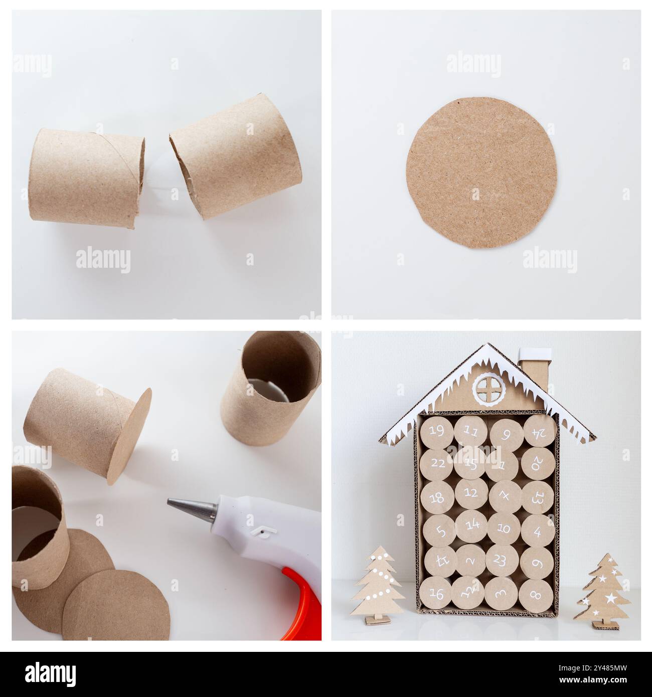 Wie man Adventskalender mit nummerierten Fächern in Hausform macht, mit recycelten Toilettenpapierröhren, einfacher Bastelarbeit für Kinder, Prozesskunst, DIY, tuto Stockfoto