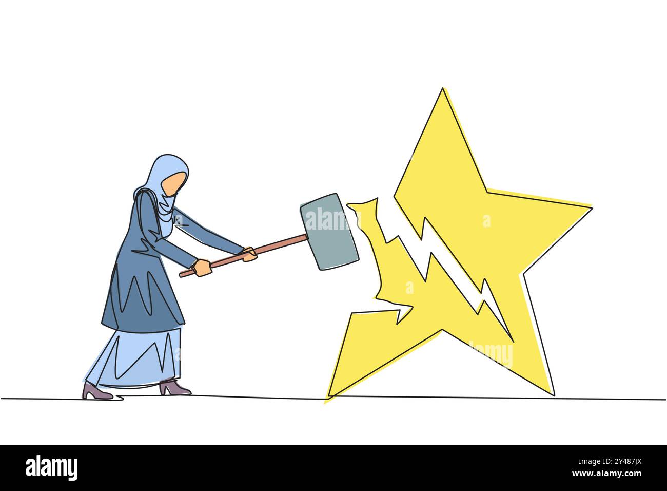Eine durchgehende Linie zeichnet eine arabische Geschäftsfrau, die sich darauf vorbereitet, einen großen Stern zu schlagen. Der Zerstörer des Traums. Die beste Karriereposition konnte nicht ermittelt werden. Wut Stock Vektor