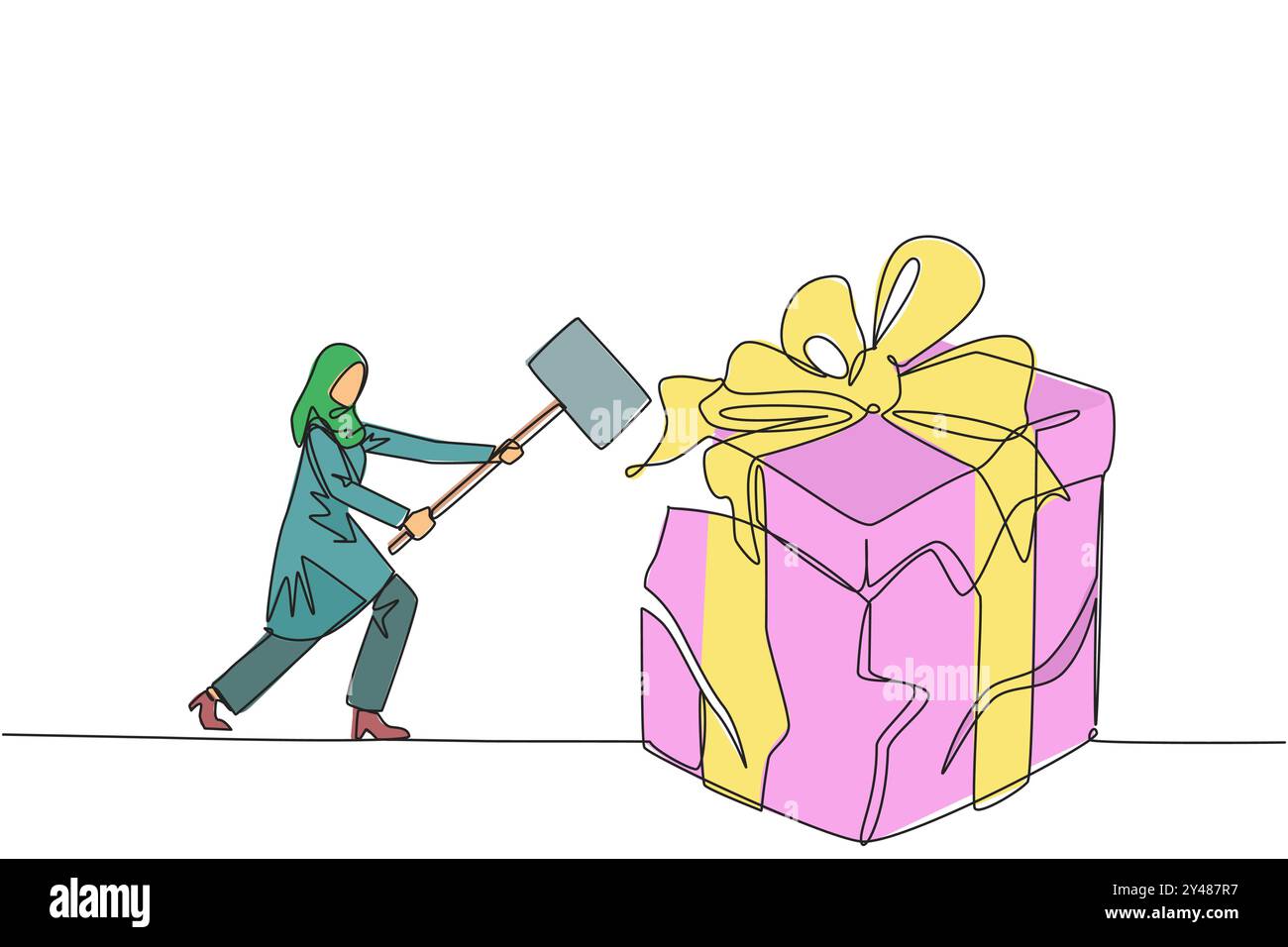 Durchgehende, einzeilige arabische Geschäftsfrau, die sich darauf vorbereitet, eine große Geschenkbox zu treffen. Geschäftsmann bringt Enttäuschung zum Ausdruck. Alles zerstören, was in Sicht ist. A Stock Vektor