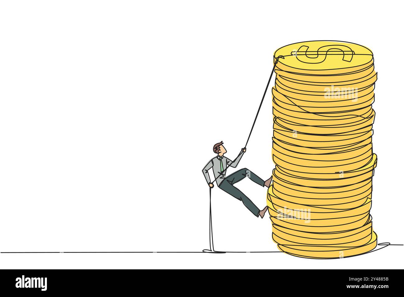 Ein einziger Zeichner Geschäftsmann klettert mit einem Seil auf einen Stapel Münzen. Der Unternehmer, der versucht, das Seil zu klettern, um die Spitze der Münzen zu erreichen. Bessere Zukunft Stock Vektor