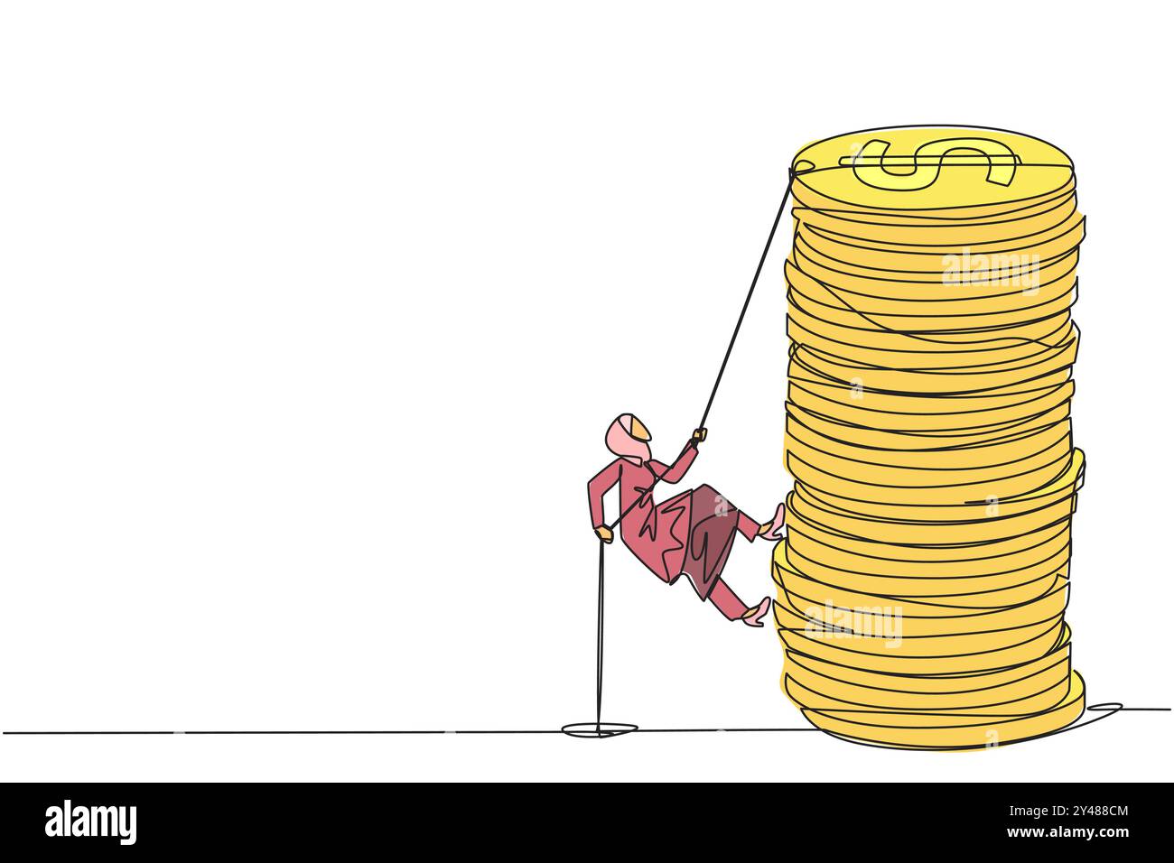 Eine durchgehende Linienzeichnung arabische Geschäftsfrau klettert mit einem Seil auf einen Stapel Münzen. Unternehmer, der versucht, das Seil zu klettern, um die Spitze der Münzen zu erreichen. B Stock Vektor