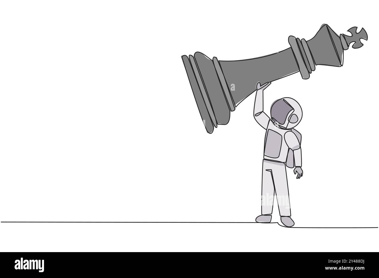 Eine durchgehende Linie, die junge starke Astronauten zieht, die das Schachstück des Königs hochhebt. Erfolgreiche Unternehmergeist-Taktiken oder -Strategien, Überlegenheit Stock Vektor