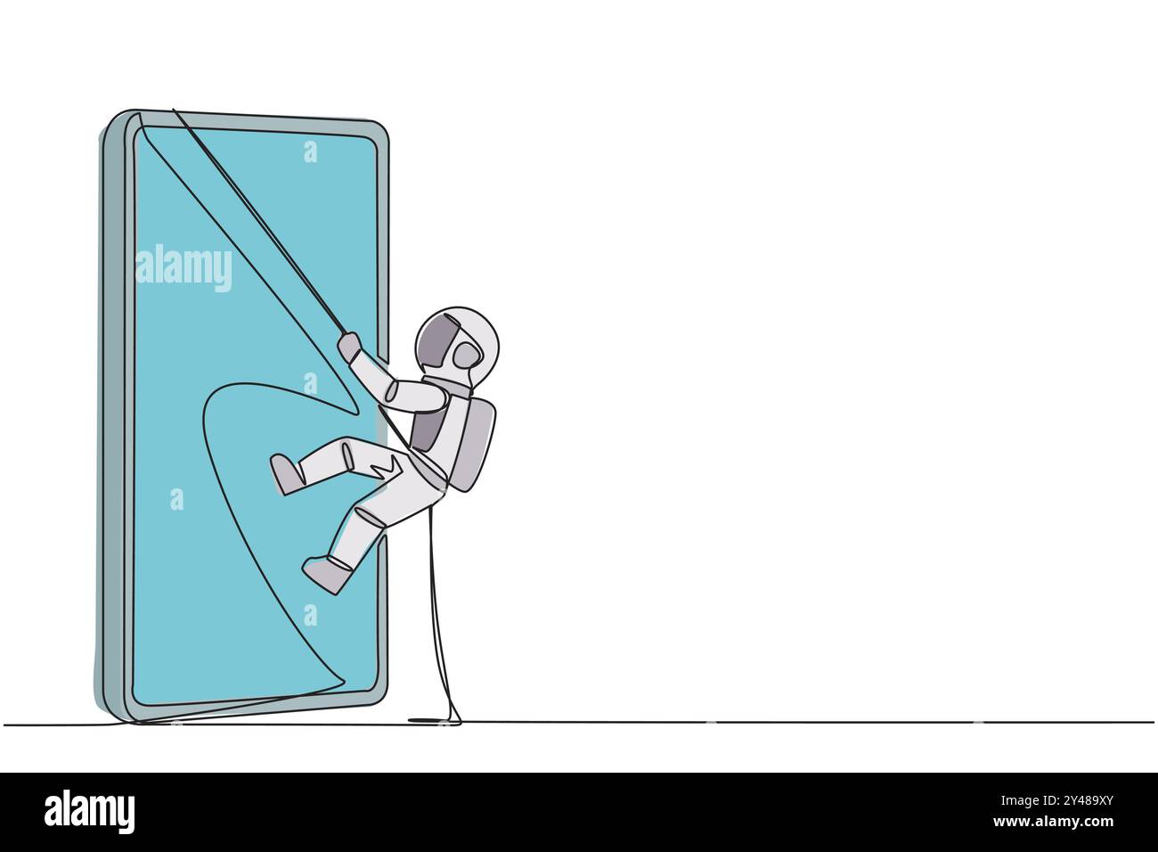 Eine einzige Linie zeichnendes Astronaut-Klettern-Smartphone mit Seil. Verbessern Sie Ihre Geschäftsbeziehungen. Kontaktiere alte Freunde massiv. Mit jedem Othe verbunden Stock Vektor