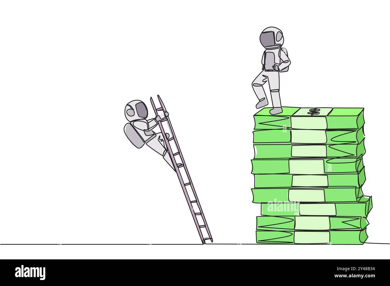 Ein durchgehender Astronaut tritt den Gegner, der mit einer Leiter auf den Banknotenstapel steigt. Kämpfen Sie zusammen, aber wollen Sie großen Profit erzielen Stock Vektor