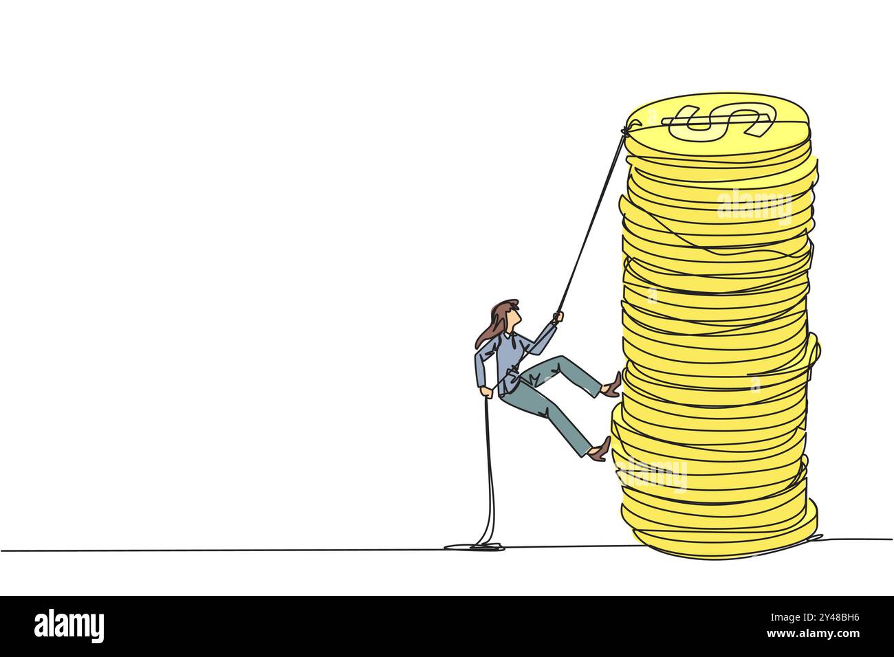 Eine einzige Zeichnerin, die eine Geschäftsfrau zeichnet, klettert mit einem Seil auf einen Stapel Münzen. Der Unternehmer, der versucht, das Seil zu klettern, um die Spitze der Münzen zu erreichen. Besser Fu Stock Vektor