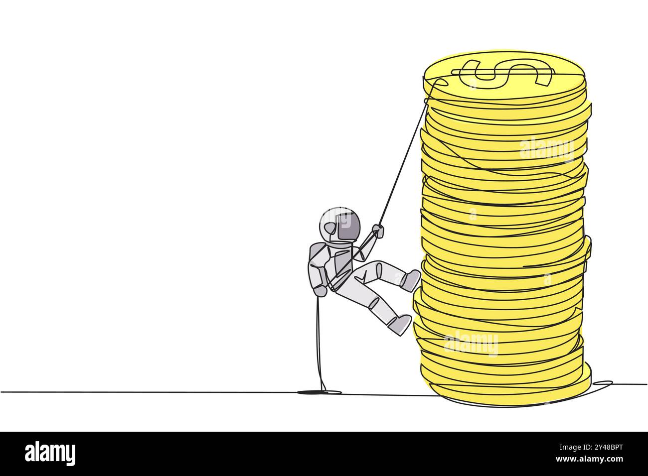 Durchgehende, einzeilige Zeichnung Astronaut klettert mit einem Seil auf einen Stapel Münzen. Der Unternehmer, der versucht, das Seil zu klettern, um die Spitze der Münzen zu erreichen. Besser Fu Stock Vektor