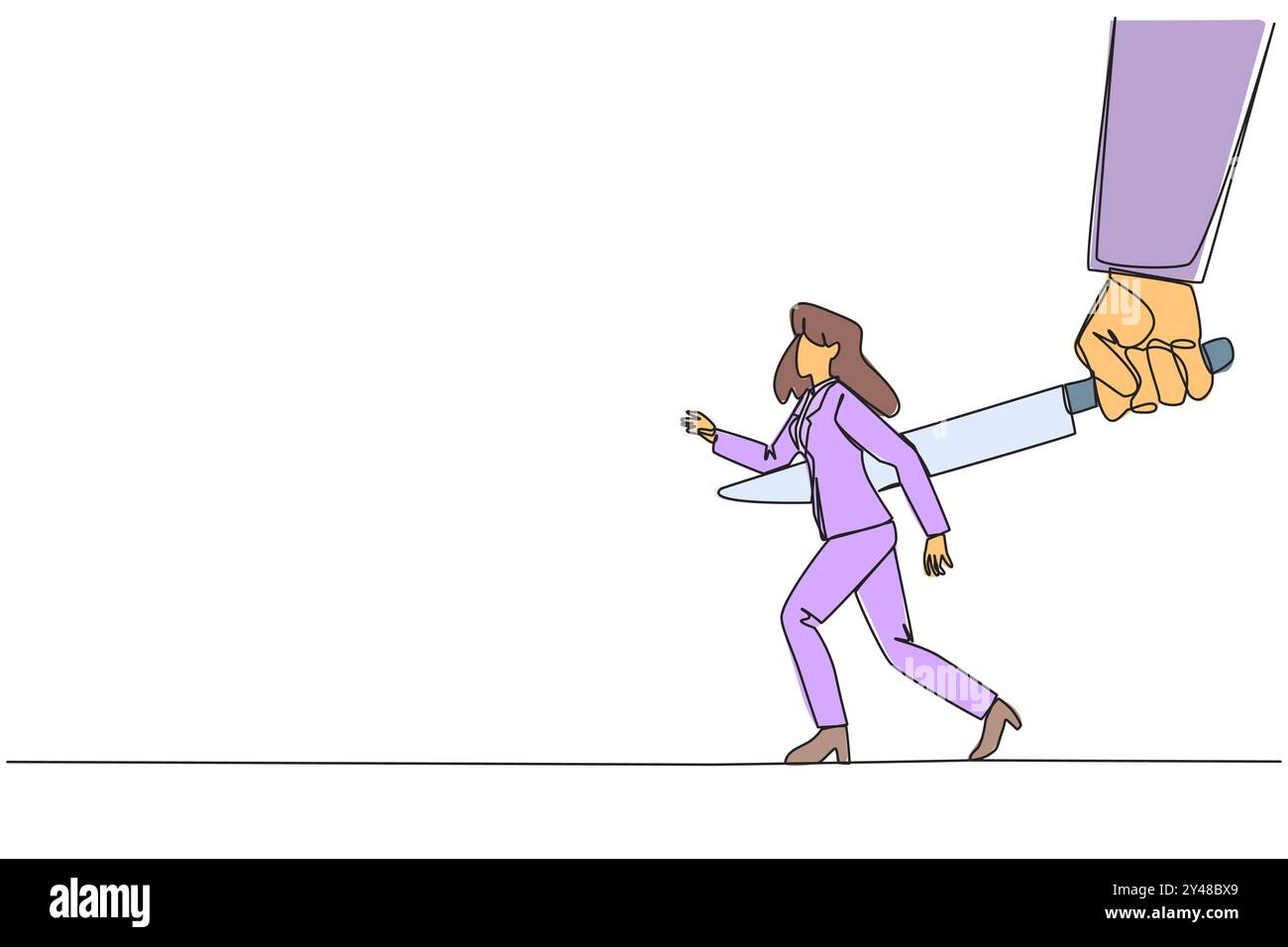 Durchgehende, einzeilige Geschäftsfrau, die mit einem großen Messer in den Rücken gestochen wurde. Von einem Geschäftspartner zum Ruin betrogen. Feind verkleidet als Freund. Das Fach Stock Vektor