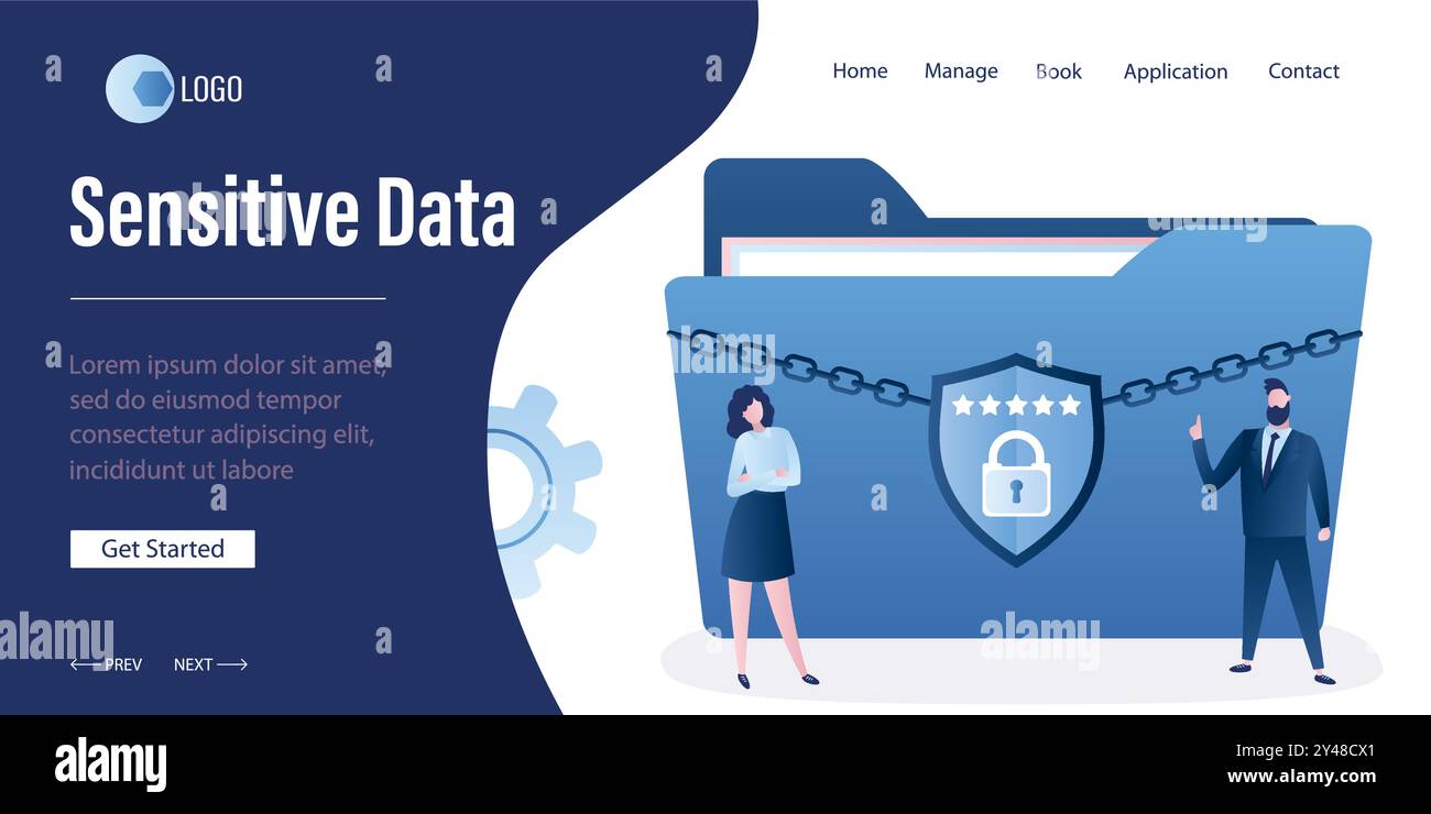 Vorlage für die Landing-Page für sensible Daten. Geschäftsleute oder Programmierer und Sicherheitsschild. Hintergrund des Antiviren-Sicherheitskonzepts. Charaktere in trendigem B Stock Vektor