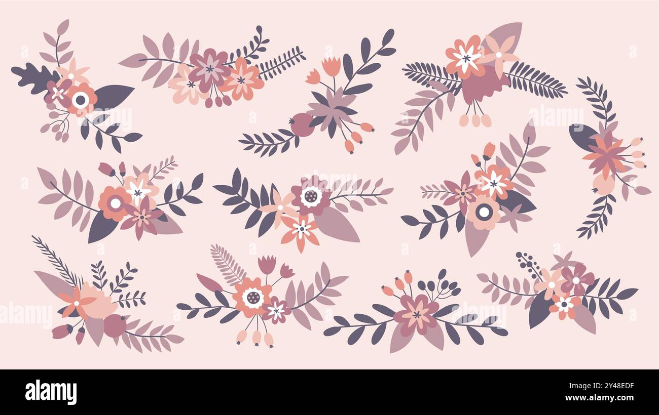 Niedliches dekoratives Clipart-Set mit Blumenmuster. Farbpalette in warmem Lila. 12 niedliche dekorative Ecken und Textteiler, perfekt für Hochzeitseinladungen und -Designs Stock Vektor