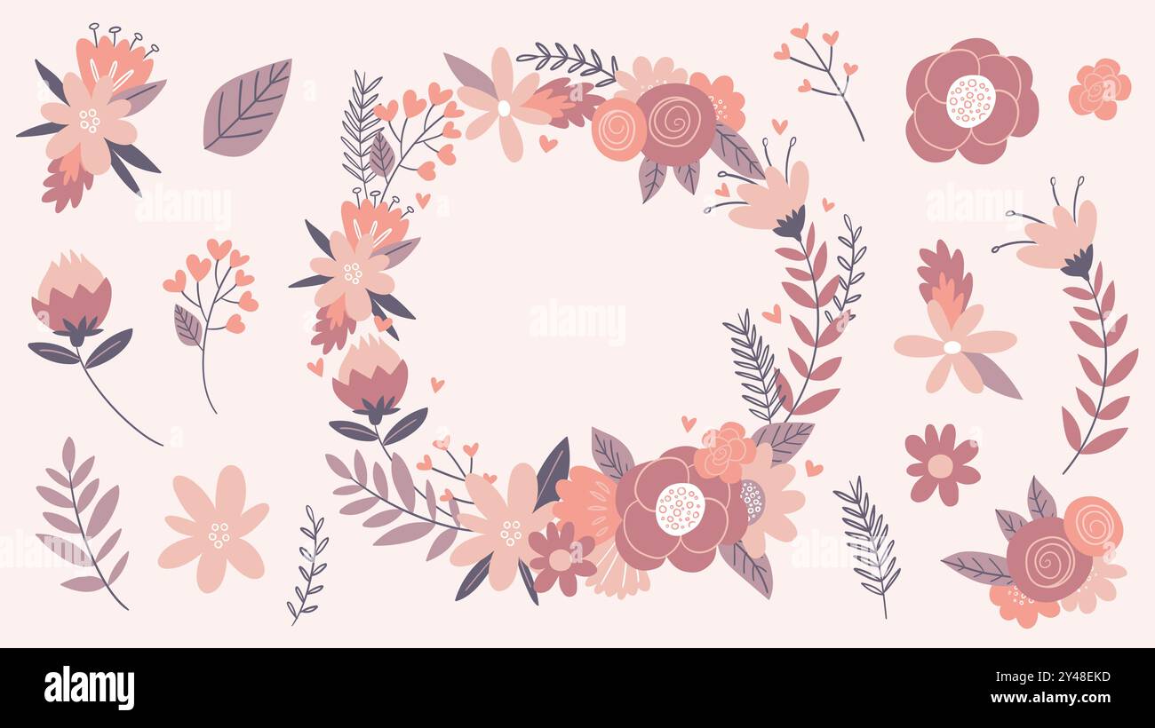 Niedlicher Dekorationskranz mit Blumenmuster und isolierte Gegenstände, damit Sie Ihre eigene Blumenkomposition gestalten können. Handgezeichnete Elemente isoliert auf weißem Hintergrund. Vektor i Stock Vektor