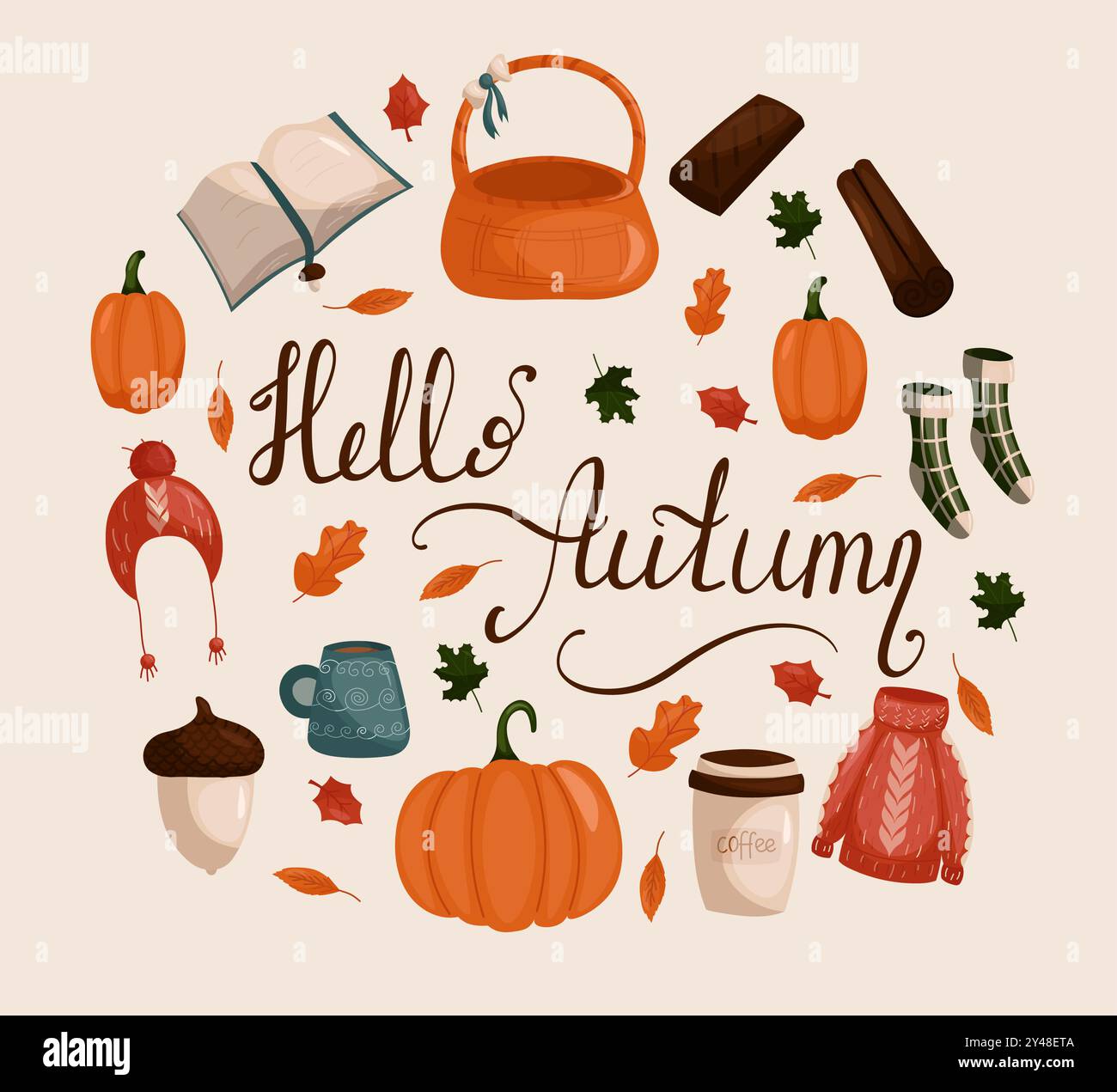 Herbstvektorelemente Set. Blätter, Kürbisse, Herbstkleidung, Regenschirm, Igel, Teeelemente. Die Inschrift Hallo Herbst. Abbildung in der Hand Stock Vektor