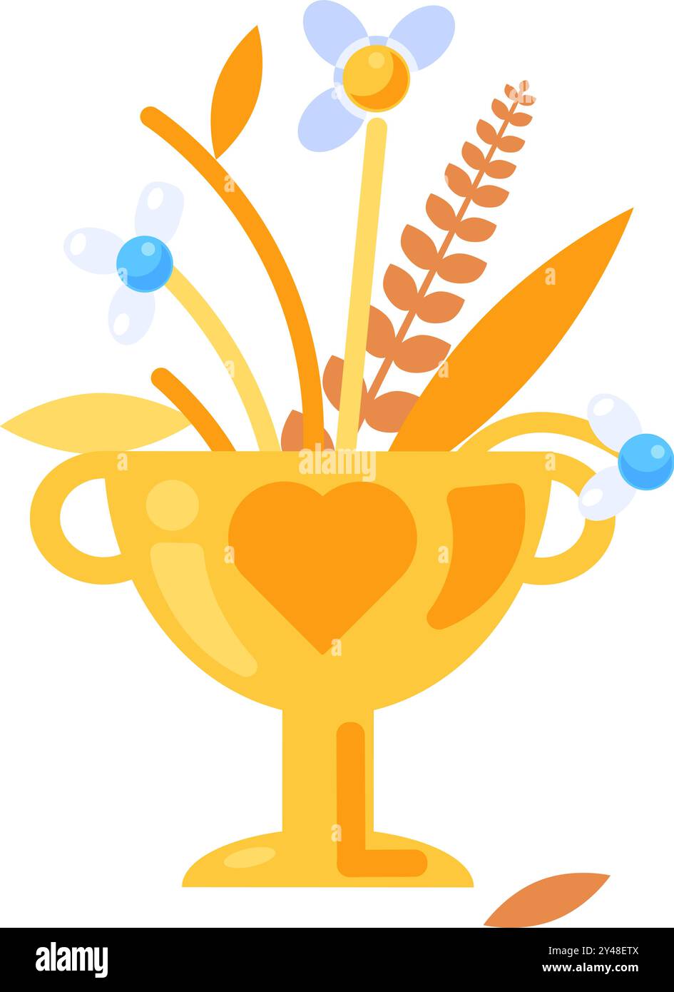Vektor-Grafik-Illustration des Blumenstraußes von verwelkten Blumen in einem lebendigen festen Zeichentrickstil. Der Blumenstrauß ist in einem goldenen Becher untergebracht. Flüchtig Stock Vektor