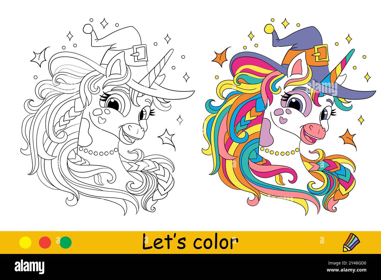 Süßer und lustiger Einhornkopf in einem Hexenhut. Halloween-Konzept. Malbuch-Seite für Kinder mit farbenfroher Vorlage. Vektor-Zeichentrick-Illustration. Stock Vektor
