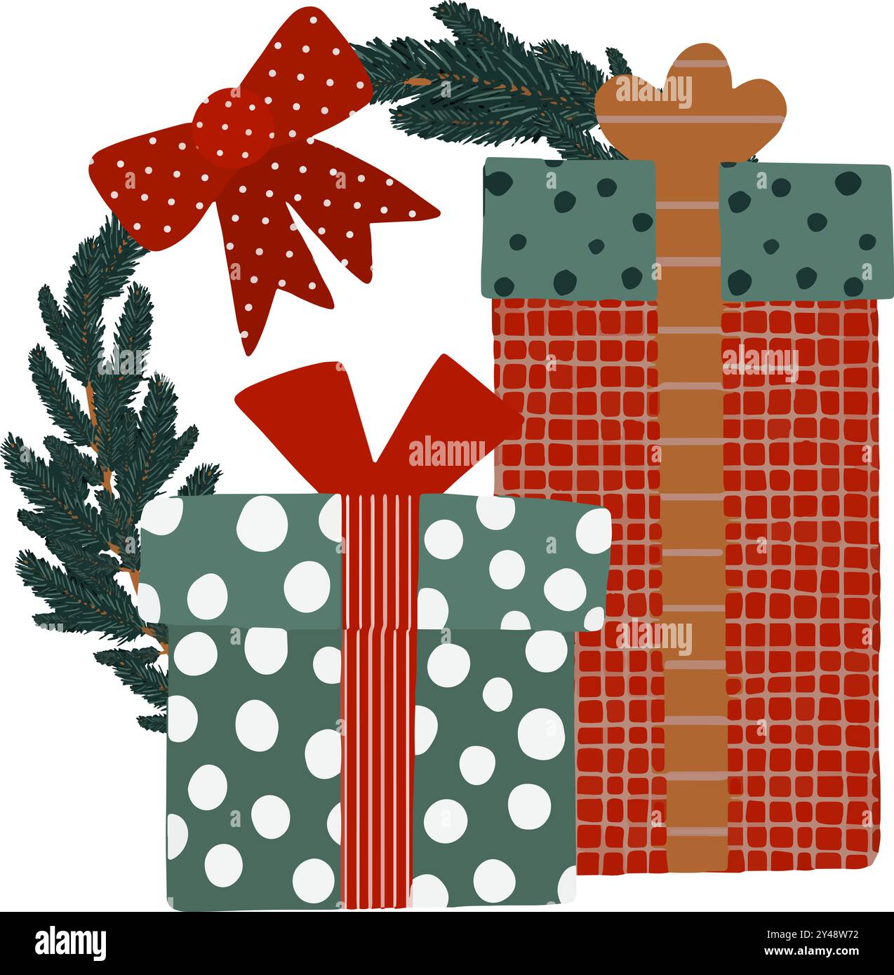 Bezaubernde Geschenke mit dekorativem Kranz und stilvoller Schleife, perfekt für die Weihnachtszeit. Handgezeichnete Vektorgrafiken für die Gestaltung von Websites, Artikeln, Broschüren, Flyern, E-Packs, Etikett oder Werbung. Stock Vektor