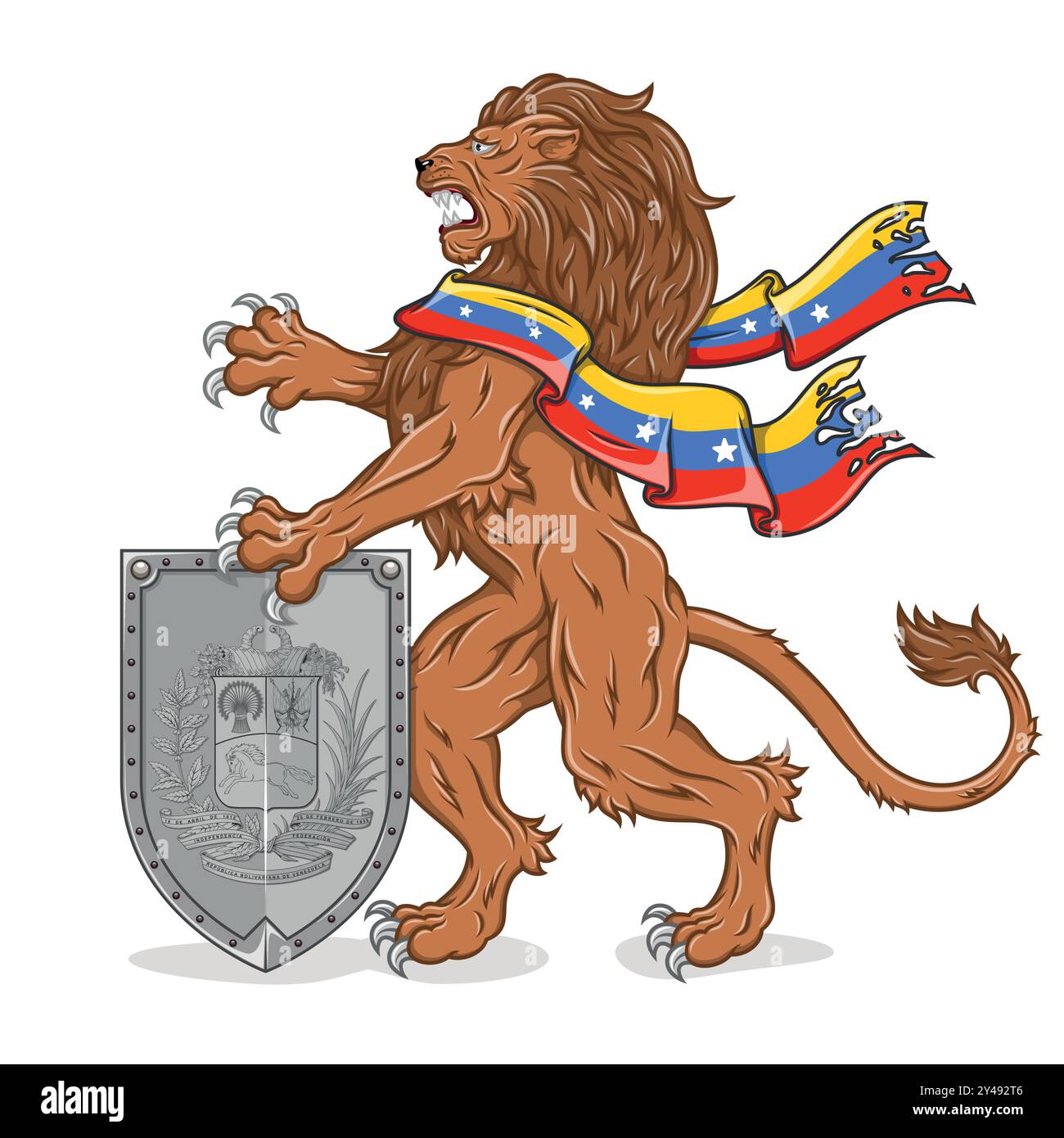 Wilder Löwe mit venezolanischer Flagge und Schild, Symbol der Stadt Caracas Venezuela Stock Vektor