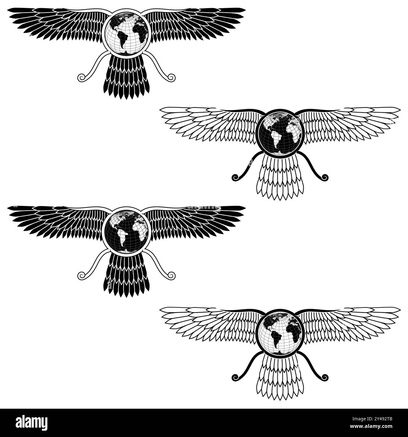 Vektordesign des Faravahar-Symbols, geflügelte Sonnenscheibe, Symbol der zoroastrischen Religion, geflügelte Scheibe mit dem Planeten Erde Stock Vektor