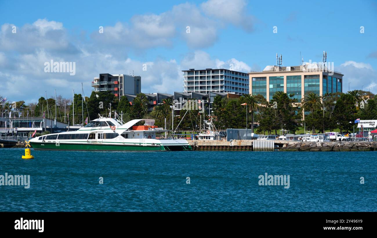 Geelong Waterfront mit Booten und Yachten in Fisherman's Basin und Apartments am Meer und Bürogebäuden, Geelong, Victoria, Australien. Stockfoto