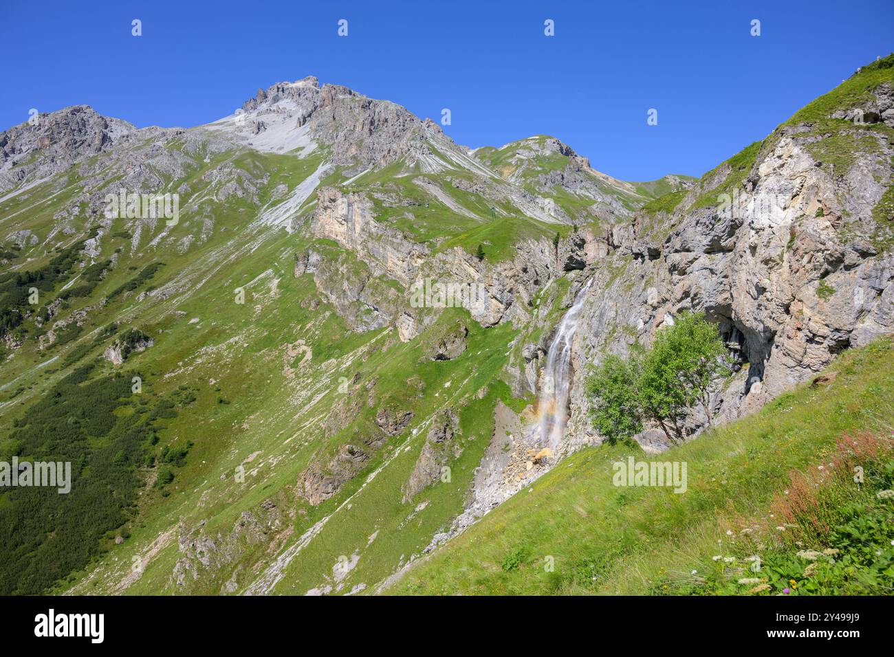 Berge in Südtirol an einem sonnigen Tag im Sommer, Wasserfall, Weide, blauer Himmel Mals Italien Stockfoto