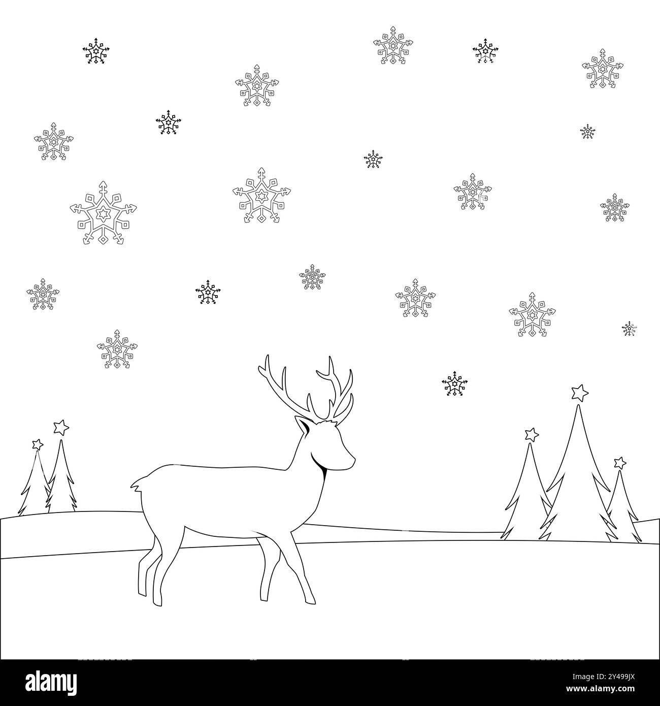 Weihnachtlicher Hintergrund mit Hirschen im Schnee. Weihnachten Winter Schnee Hintergrund. Schwarzweiß-Ausmalseite. Stockfoto