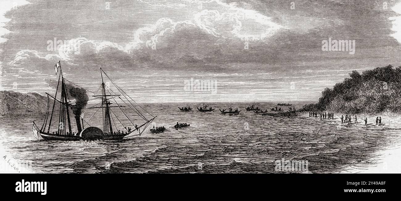 Ein Raddampfer, der 1860 von Einheimischen der Andamanen angegriffen wurde. Aus Le Tour du Monde, veröffentlicht Paris, 1860. Stockfoto