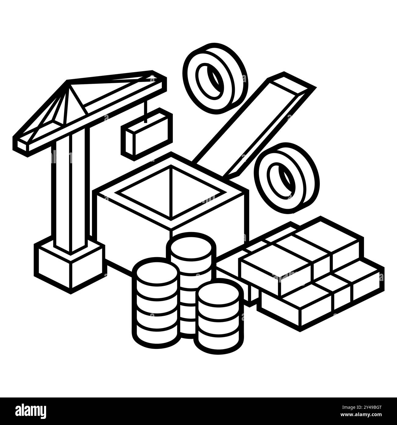 Bild von Kran und Geld. Immobiliendarstellung im Isometrie-Stil. Stock Vektor