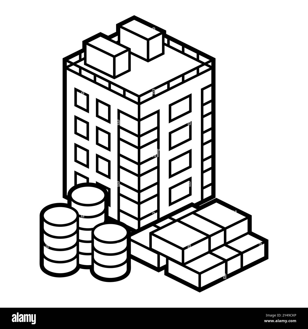 Bild von Haus und Geld. Immobiliendarstellung im Isometrie-Stil. Stock Vektor