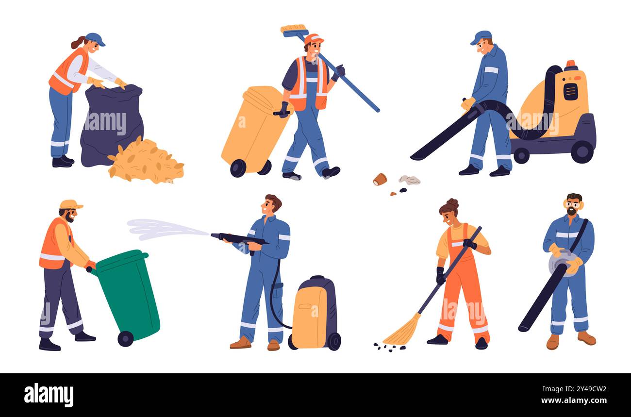 Stadtreinigung. Straßenwischer sammeln Müll. Leute sammeln städtischen Müll. Abfallbehälter und Recycling-Vakuumgeräte. Hausmeister mit Mülltonnen und Stock Vektor