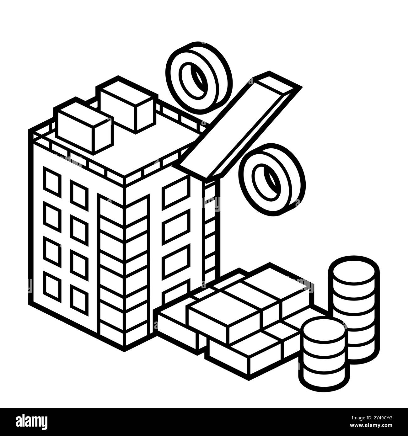 Bild von Haus und Geld. Immobiliendarstellung im Isometrie-Stil. Stock Vektor