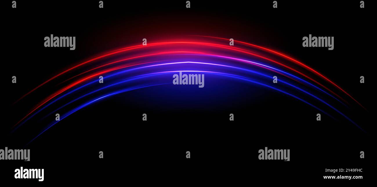 Rote und blaue Geschwindigkeitsneonstreifen oder Lichthupe. Laserstrahlen, horizontale Strahlen. Schöne Lichtreflexionen. Leuchtende Streifen auf schwarzem Hintergrund. Stock Vektor