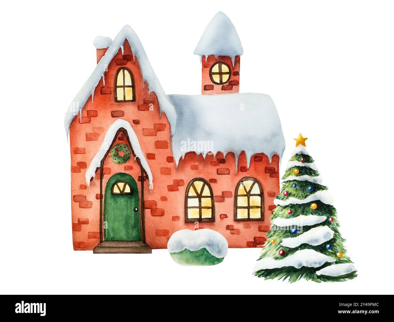 Winter schneebedecktes Haus. Weihnachtsbaum, Aquarell handgemalte Illustration isoliert auf Hintergrund. Für Designer, Dekoration, Shop, für Postkarten Stockfoto