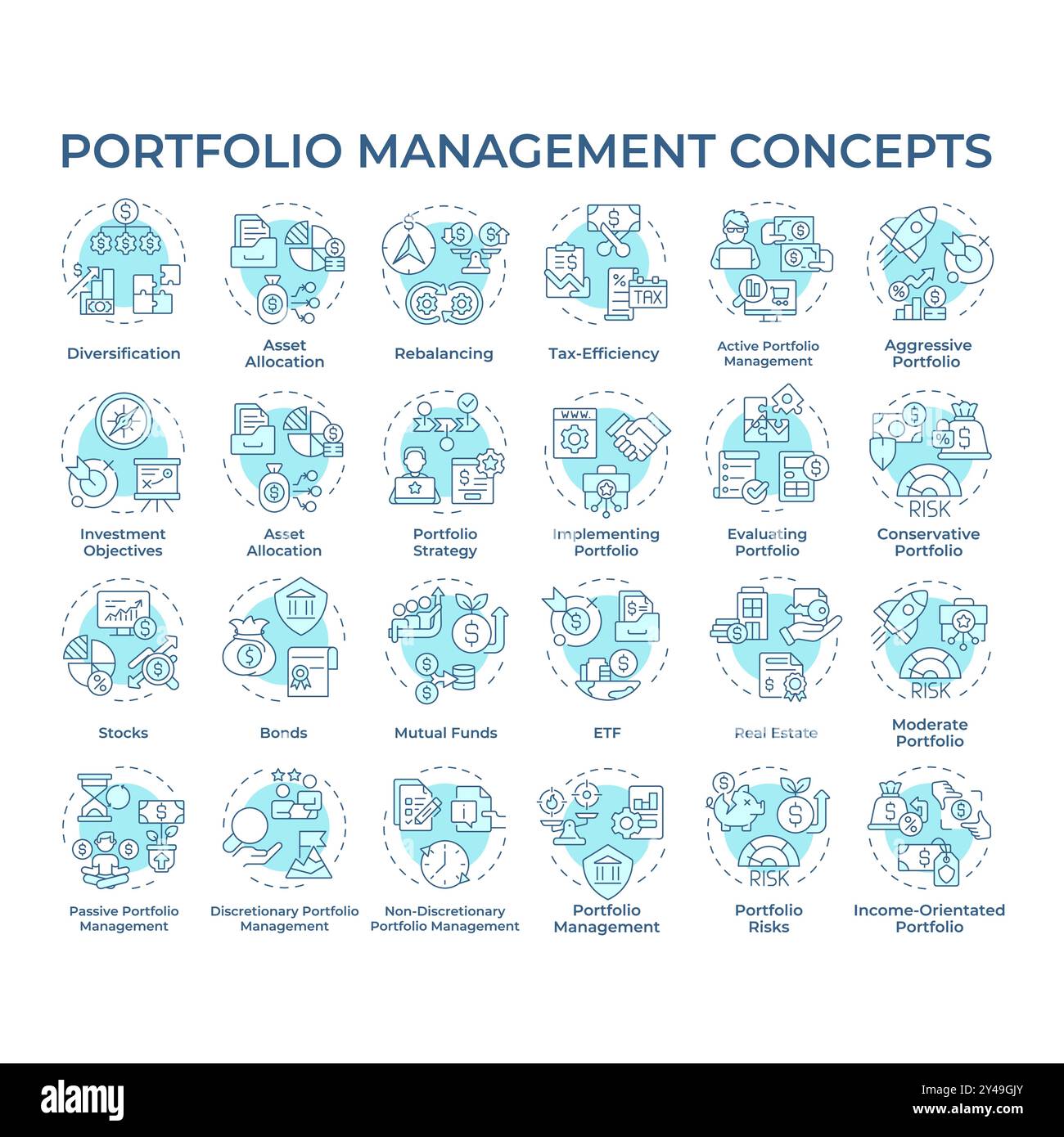 Portfoliomanagement-Symbole in sanftem Blau Stock Vektor