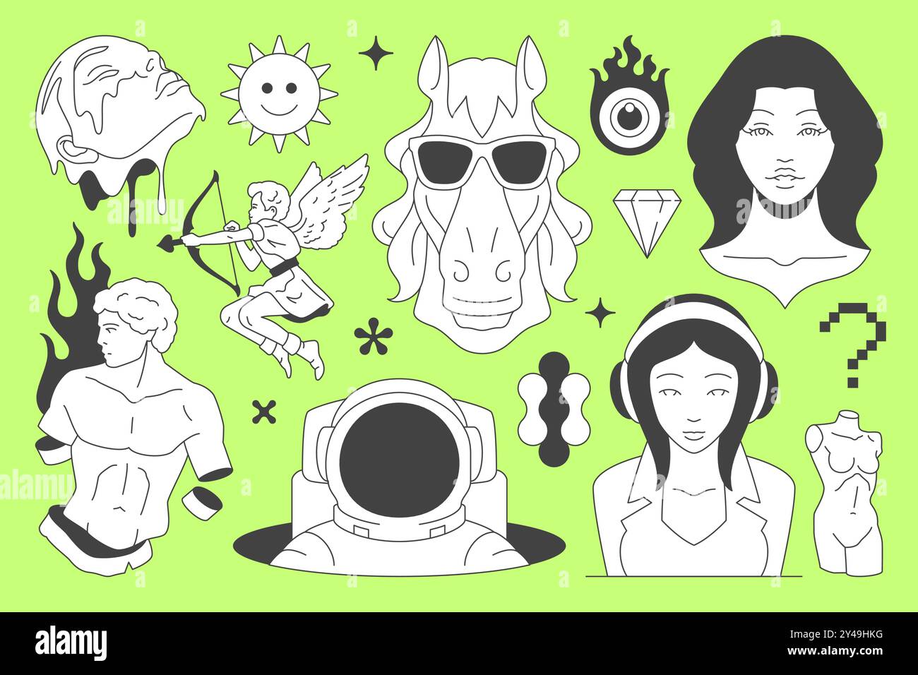 Y2K Black Line Retro groovy Icon Comic Skulptur Science Fiction Konzept Set Vektor flache Illustration. Psychedelisches Pferd in Sonnenbrille Frau Gree Stock Vektor