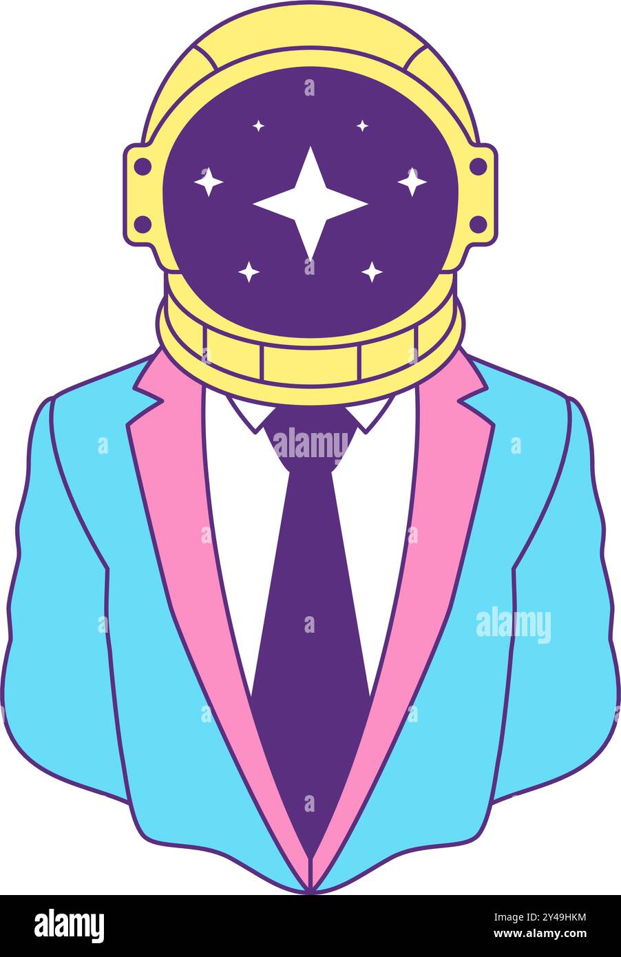 Y2K Astronautenhelm Geschäftsmann im Krawattenanzug zeitgenössische Pop Art konturierte Icon Vektor flache Illustration. Comic Science-Fiction-Kosmonauten-Business Stock Vektor