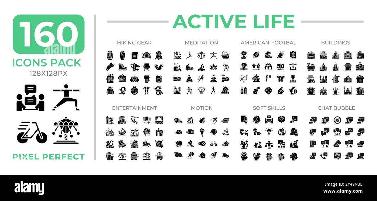 Active Life Glyphs Symbol Set Sammlung Stock Vektor