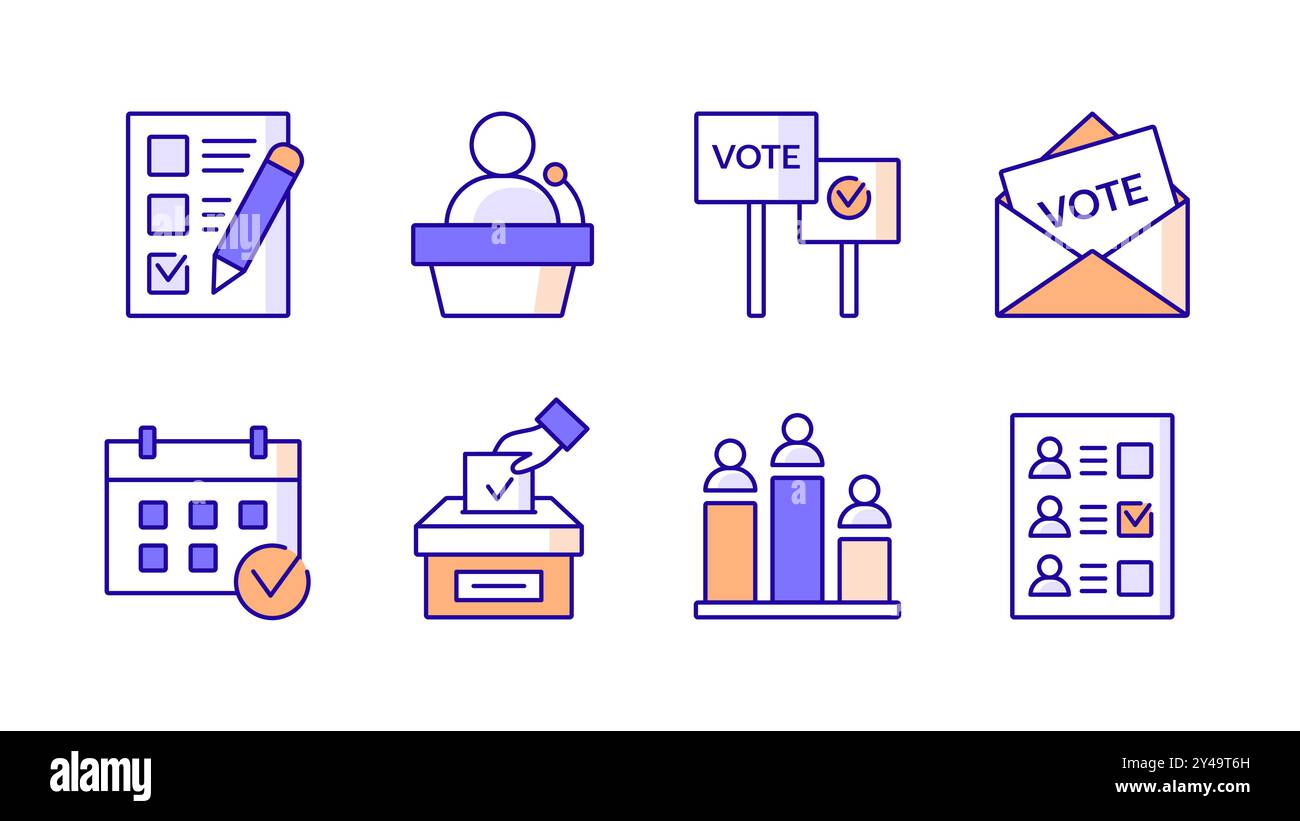 Sammlung von Symbolen für den Wahltag. Abstimmen farbenfroher Elemente im Umrissstil mit bearbeitbarer Kontur. Vektorabbildung Stock Vektor