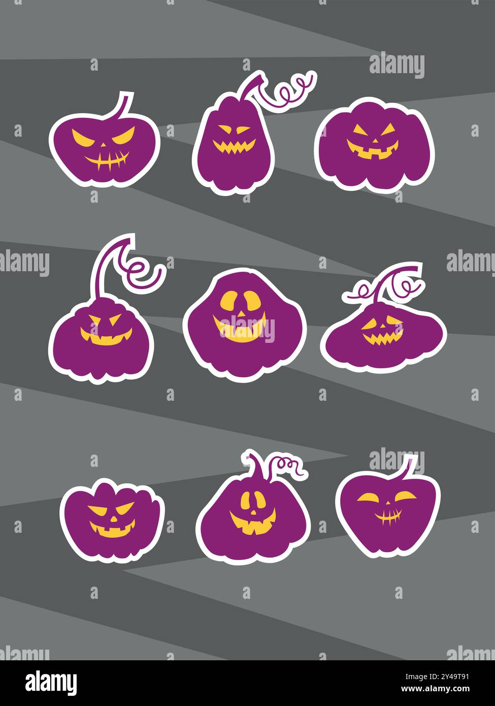 Kürbisaufkleber Set. Niedliche und gruselige Halloween Kürbis Monster Kollektion. Comicfigur für Feiertage in flachem Stil. Holydays magische Elemente auf einem gre Stock Vektor