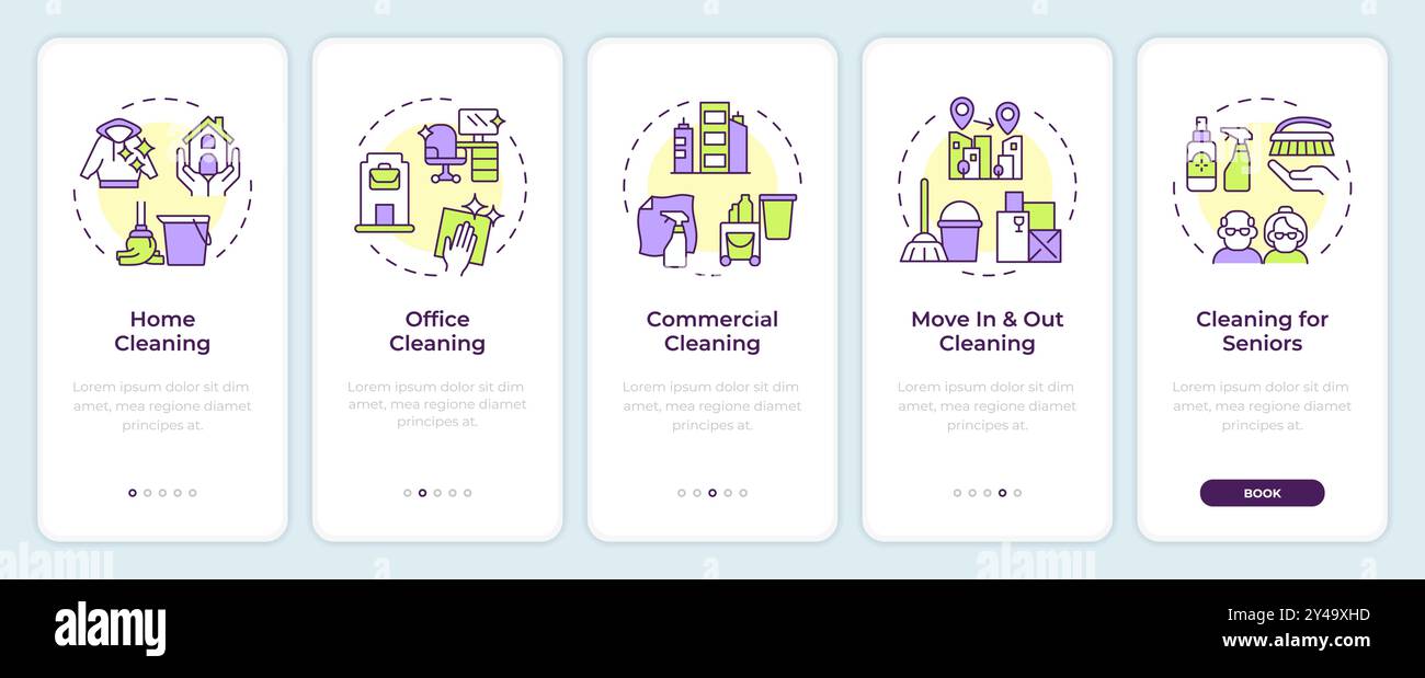 Reinigungsdienste Typen Onboarding Mobile App Bildschirm Stock Vektor