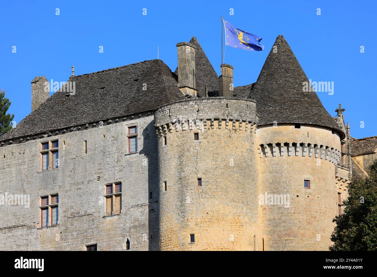 Die Festung von Fénelon in Périgord Noir. Geschichte, Kulturerbe, Tourismus, Film und Fernsehen. Sainte-Mondane, Dordogne, Périgord, New Aquitai Stockfoto