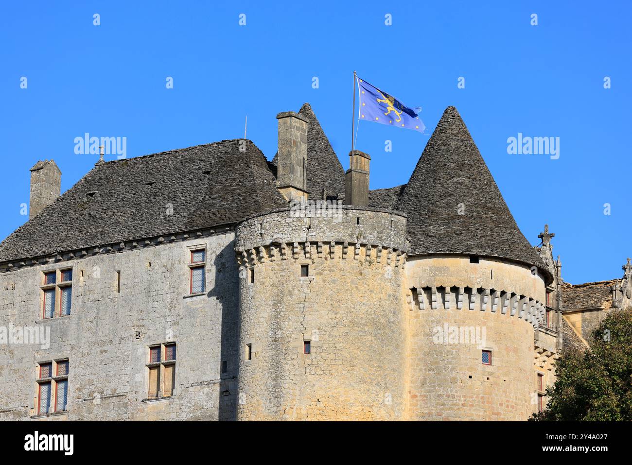 Die Festung von Fénelon in Périgord Noir. Geschichte, Kulturerbe, Tourismus, Film und Fernsehen. Sainte-Mondane, Dordogne, Périgord, New Aquitai Stockfoto
