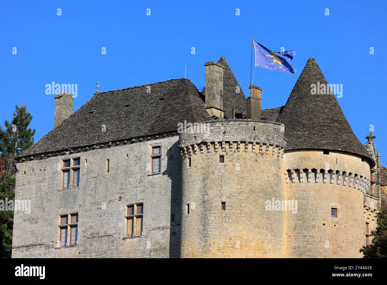 Die Festung von Fénelon in Périgord Noir. Geschichte, Kulturerbe, Tourismus, Film und Fernsehen. Sainte-Mondane, Dordogne, Périgord, New Aquitai Stockfoto