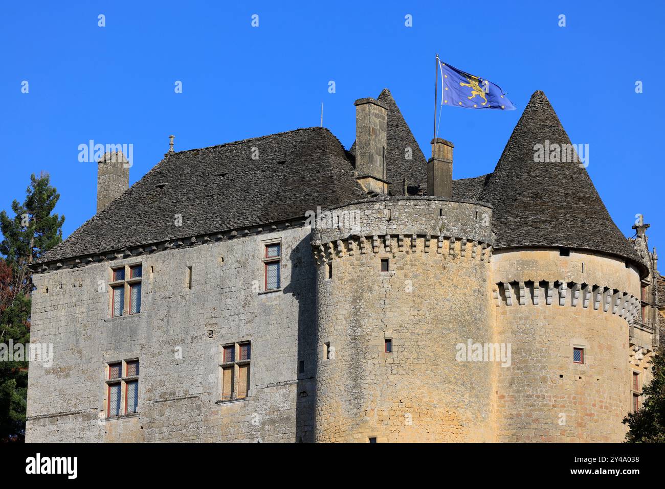 Die Festung von Fénelon in Périgord Noir. Geschichte, Kulturerbe, Tourismus, Film und Fernsehen. Sainte-Mondane, Dordogne, Périgord, New Aquitai Stockfoto