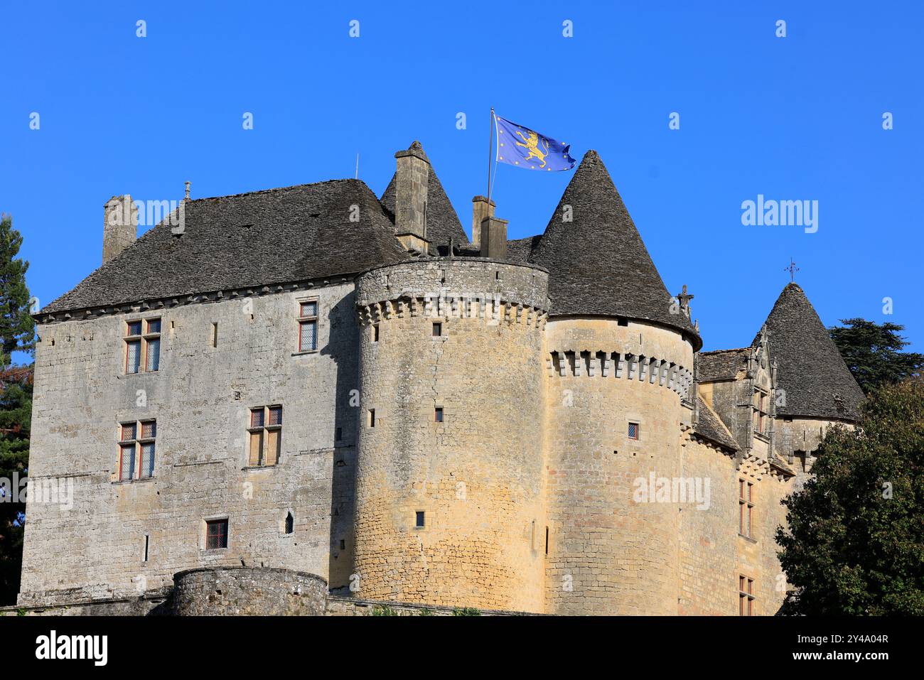 Die Festung von Fénelon in Périgord Noir. Geschichte, Kulturerbe, Tourismus, Film und Fernsehen. Sainte-Mondane, Dordogne, Périgord, New Aquitai Stockfoto