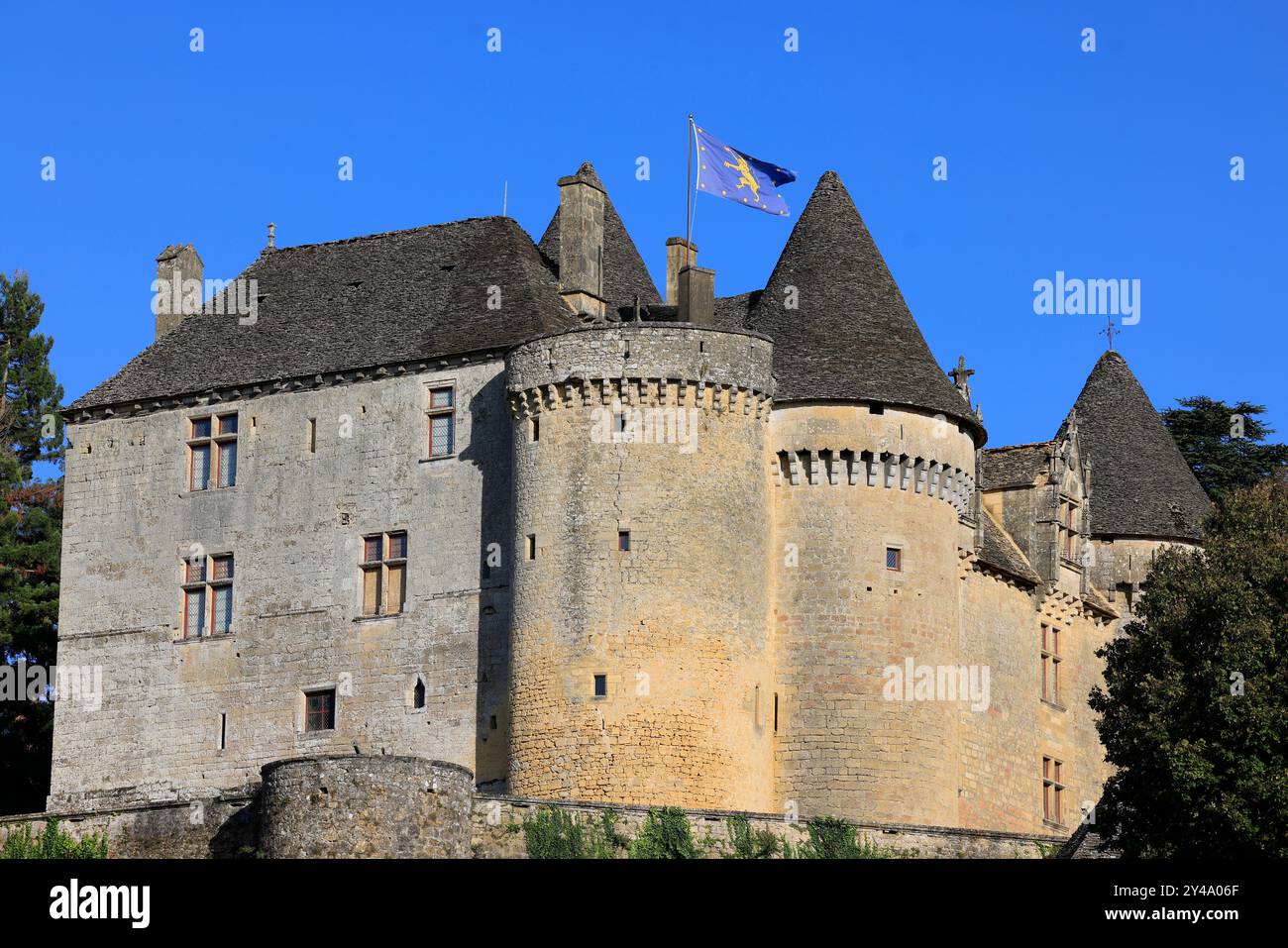 Die Festung von Fénelon in Périgord Noir. Geschichte, Kulturerbe, Tourismus, Film und Fernsehen. Sainte-Mondane, Dordogne, Périgord, New Aquitai Stockfoto