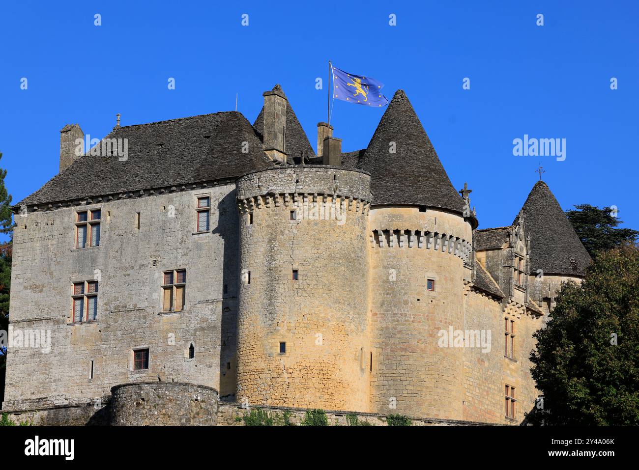 Die Festung von Fénelon in Périgord Noir. Geschichte, Kulturerbe, Tourismus, Film und Fernsehen. Sainte-Mondane, Dordogne, Périgord, New Aquitai Stockfoto