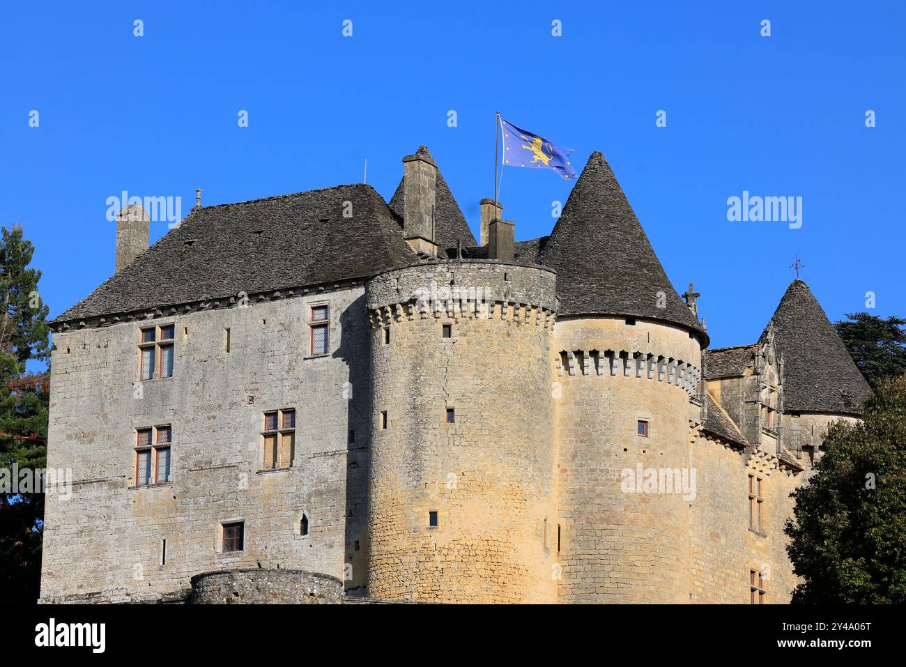 Die Festung von Fénelon in Périgord Noir. Geschichte, Kulturerbe, Tourismus, Film und Fernsehen. Sainte-Mondane, Dordogne, Périgord, New Aquitai Stockfoto