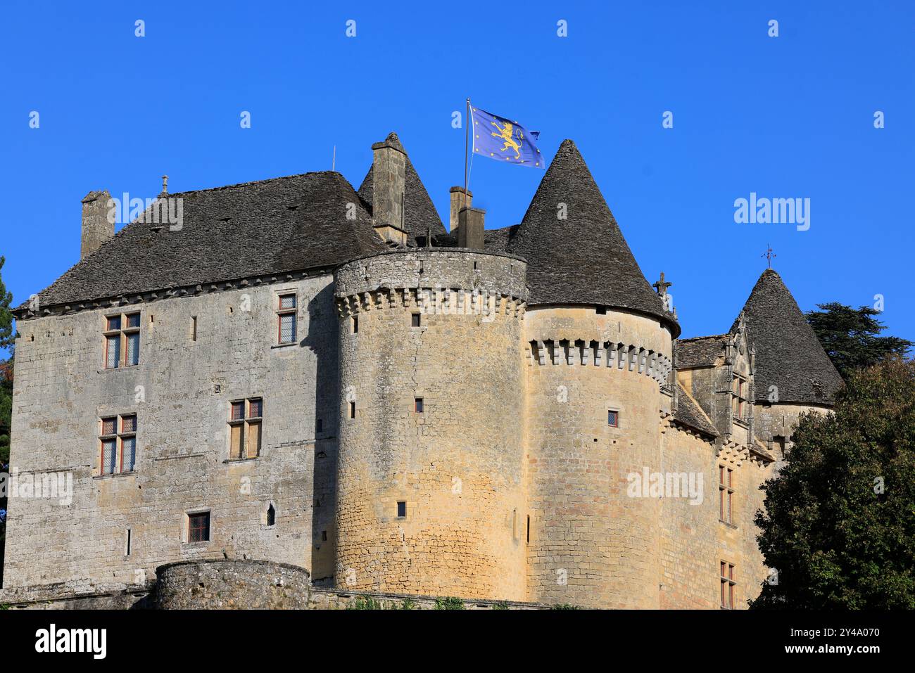 Die Festung von Fénelon in Périgord Noir. Geschichte, Kulturerbe, Tourismus, Film und Fernsehen. Sainte-Mondane, Dordogne, Périgord, New Aquitai Stockfoto
