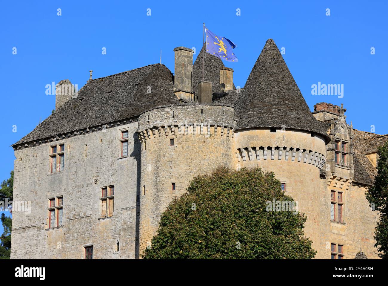 Die Festung von Fénelon in Périgord Noir. Geschichte, Kulturerbe, Tourismus, Film und Fernsehen. Sainte-Mondane, Dordogne, Périgord, New Aquitai Stockfoto