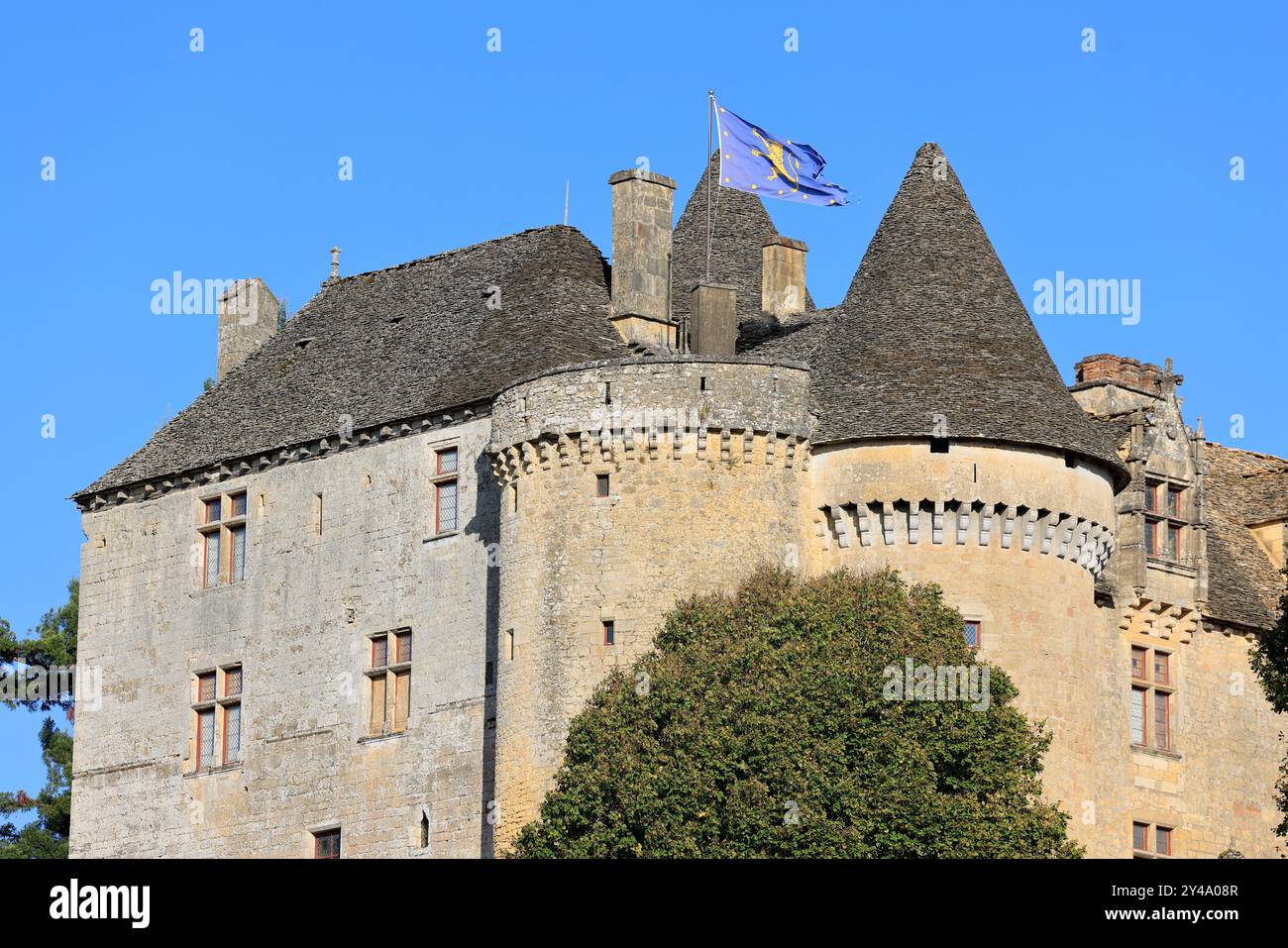 Die Festung von Fénelon in Périgord Noir. Geschichte, Kulturerbe, Tourismus, Film und Fernsehen. Sainte-Mondane, Dordogne, Périgord, New Aquitai Stockfoto
